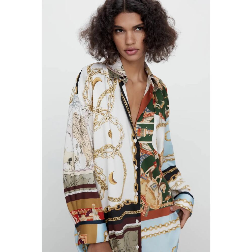 Zara Oversized Printed Shirt Blogger Favorite Size XS Button Front Long Sleeve